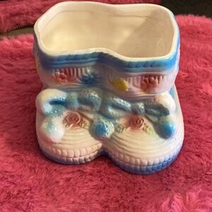 Vintage RUBENS Porcelain blue double Baby Booties Planter in excellent condition